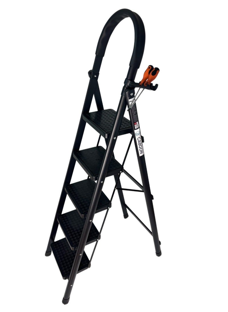 كابجون سلم قابل للطي منزليًا ذو خطوات قابلة للطي مزود بدعامة أمان ودواسات واسعة مضادة للانزلاق وسلم خفيف الوزن وذو خطوات متينة للاستخدام المنزلي (أسود، 5 خطوات) - Image 1